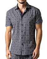 Foreversobe Men's Striped Palms Print Short Sleeve Sport Shirt 252000 Navy