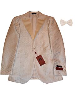 Mazari Men's Modern Fit Tuxedo Dinner Jacket w/ Matching Bow Tie Uno 9608 Creamy White/Silver