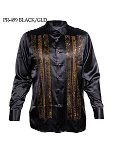 Prestige Original Men's Greek Embroidered Satin Long Sleeve Shirt PR-499 Black Gold