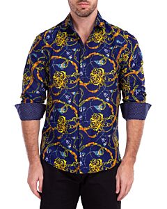 BC Collection Men's Baroque Print Long Sleeve Sport Shirt 212324 Navy