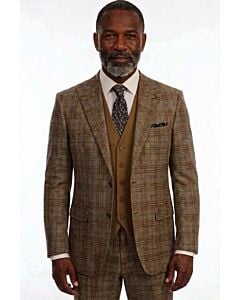 Steve Harvey Reserve Tan Plaid Modern Fit Vested Suit 226709SHS