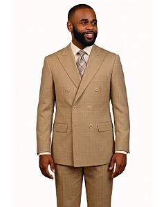 Mazari Tan Windowpane Modern Fit Double Breasted Suit 2354 NYC