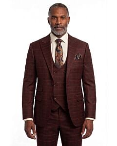 Mazari Burgundy Plaid Modern Fit Scoop Vested Suit 2406 Scoop 