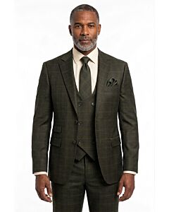 Mazari Green Plaid Modern Fit Scoop Vested Suit 2406 Scoop 