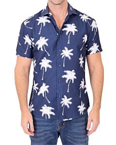 Foreversobe Men's Palm Tree Print Short Sleeve Sport Shirt 242010 Navy