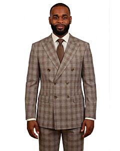 Mazari Taupe Plaid Modern Fit Double Breasted Suit 2450 NYC