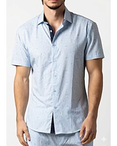 Foreversobe Men's Striped Palms Print Short Sleeve Sport Shirt 252000 Blue