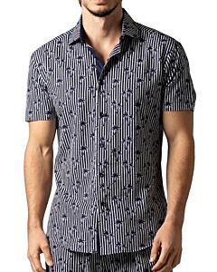 Foreversobe Men's Striped Palms Print Short Sleeve Sport Shirt 252000 Navy