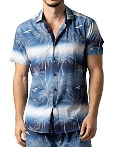 Foreversobe Men's Palm Tree Print Short Sleeve Sport Shirt 252007 Navy
