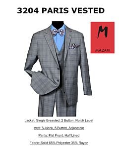 Mazari Grey Windowpane Modern Fit Vested Suit 3204 Paris