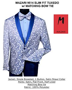 Mazari Men's Blue Slim Fit Tuxedo Suit w/ Matching Bow Tie Duo 9514 Blue