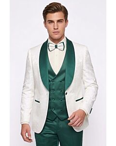 Mazari Men's White/Green Slim Fit Tuxedo Suit w/ Matching Bow Tie Met 9648