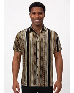 Bagazio Men's Greek Key Print Short Sleeve Sport Shirt BM2308 Black/Gray