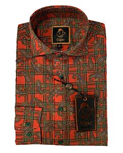 Cigar Couture Signature Men's Plaid Paisley Print Long Sleeve Sport Shirt M-1853 Red