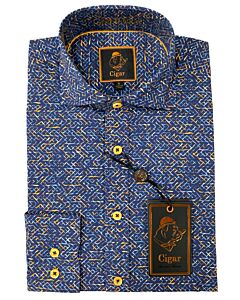 Cigar Couture Signature Men's Abstract Print Long Sleeve Sport Shirt M-1612 Navy