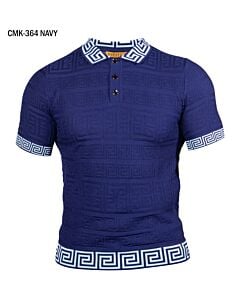 Prestige Original Men's Greek Key Knit Short Sleeve Shirt CMK-364 Navy