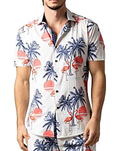 Foreversobe Men's Flamingo Print Short Sleeve Sport Shirt 252001 White