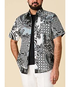 Inserch Men's Linen Paisley Print Short Sleeve Shirt SS7919 White/Black