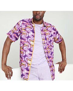 Inserch Men's Linen Abstract Wave Print Short Sleeve Shirt SS7916 Eggplant