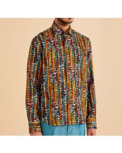 Inserch Men's Modern Fit Linen Geo Print Long Sleeve Shirt LS2918 Cacao