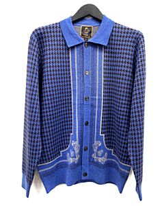  Cigar Couture Signature Men's Houndstooth Knit Long Sleeve Sweater Shirt KS-535 Blue
