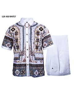 Prestige Original Men's Linen Walking Suit 2 Piece Shirt & Pants Set LUX-460 White Multi
