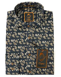 Cigar Couture Signature Men's Paisley Print Long Sleeve Sport Shirt M-1605 Navy