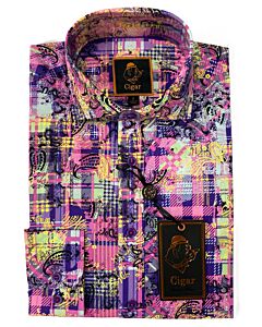 Cigar Couture Signature Men's Plaid Paisley Print Long Sleeve Sport Shirt M-1607 Magenta