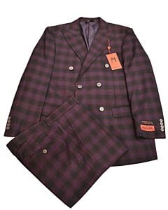 Mazari Burgundy Plaid Modern Fit Double Breasted Suit 2338 NYC