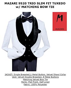 Mazari Men's White/Black Slim Fit Vested Tuxedo Suit w/ Matching Bow Tie Trio 9520
