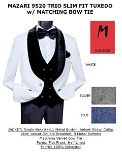Mazari Men's Blue Slim Fit Vested Tuxedo Suit w/ Matching Bow Tie Trio 9520 