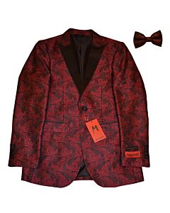 Mazari Men's Modern Fit Tuxedo Dinner Jacket w/ Matching Bow Tie Peak 9522 Red