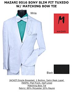 Mazari Men's White Slim Fit Vested Tuxedo Suit w/ Matching Bow Tie Sony 9516 White