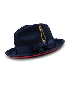 Montique Hats H-75 Pinch Front Two Tone Wool Felt Fedora Navy/Red
