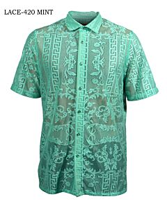 Prestige Original Men's Greek Key Floral Sheer Short Sleeve Shirt Lace-420 Mint