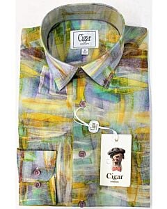  Cigar Couture Men's Abstract Print Long Sleeve Sport Shirt S-4319 Gold