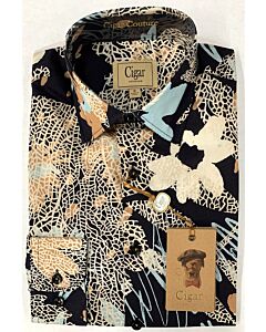 Cigar Couture Men's Floral Print Long Sleeve Sport Shirt S-4416 Tan