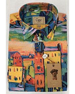  Cigar Couture Men's Mural Print Long Sleeve Sport Shirt S-4420 Royal