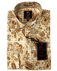 Cigar Couture Signature Men's Paisley Print Long Sleeve Sport Shirt S-5031 Tan