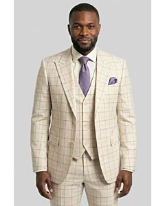 Studio Ferera Men's Cream Plaid Modern Fit Vested Suit 3322