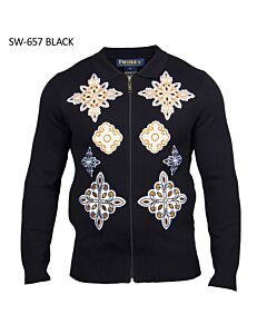 Prestige Original Fleur-De-Lis Patch Full Zip Knit Sweater SW-657 Black